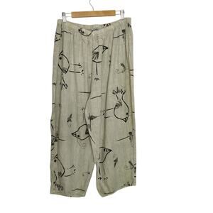 Liz and Jane Sz 2X Oatmeal Green 100% Linen Pull On Pants Bird Print Art to Wear
